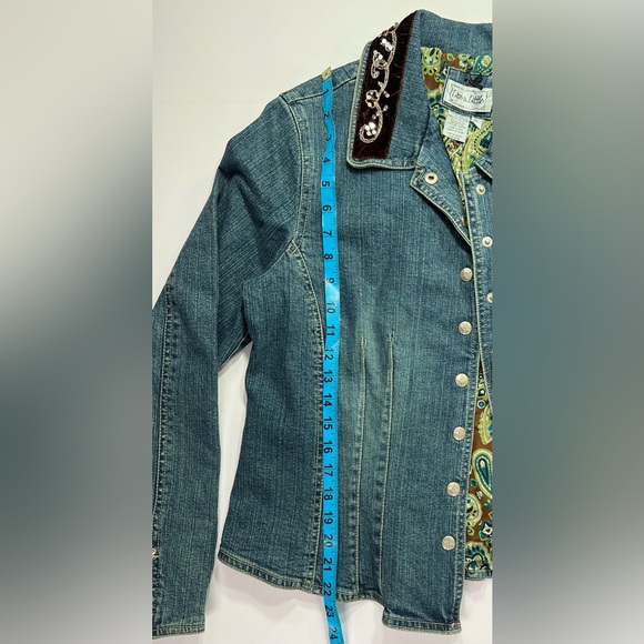 Christopher & Banks Denim Jacket w/ Velvet/Sequin Trim - dark wash/paisley, XL - Picture 5 of 8